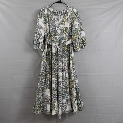 Anthropologie платье средний V шеи текстурированный Midi богемное крестьянин подпоясанный пэчворк - Изображение 1 из 4