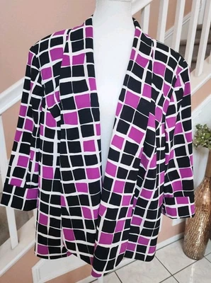 KASPER Purple Black Square 3/4 Sleeve Collared Open Swing Blazer Jacket Sz 24W  - Image 1 of 4