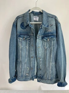 Old Navy XL Tall Distressed Jeansjacke Smiley Gesicht Regenbogenfutter Unisex Neu mit Etikett - Bild 1 von 8