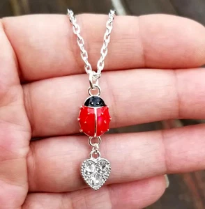 Silver Ladybug Necklace, Crystal Ladybug Pendant Necklace, Ladybug Jewelry - Picture 1 of 4