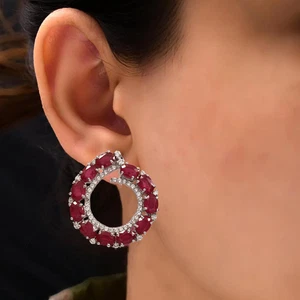 Ruby and Diamond Circle Hoop Dangle Silver Earrings Christmas Jewelry Women Gift - Picture 1 of 11
