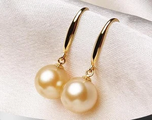 PAR de 10-11mm Natural Mar del Sur Oro Genuino Perfecto Redondo Perla Pendiente Colgante - Imagen 1 de 2