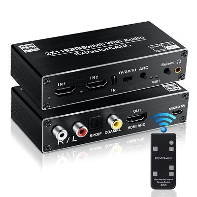 	HDMI Switch 2 In 1 Out 4K60hz Avedio Links 2-port Switcher Audio Extractor RCA	 - Image 1 of 4
