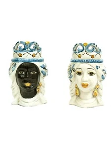 Coppia teste di moro h15 cm in ceramica di caltagirone sicilia decoro blu - Foto 1 di 4