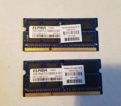 4GB 2x2GB DDR3 PC3-10600S 2Rx8 LAPTOP MEMORY RAM Elpida  - Image 1 of 3