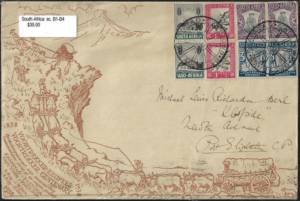 SOUTH AFRICA 1933 VOORTREKKER CENTENARY Sc B1 B4 SG 50 53 ON FDC W/CACHET CAPETO - Image 1 of 2