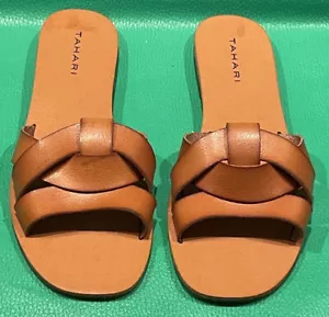 Tahari Women's Size 8 Nabela Faux Leather Brown Flat Slides Slip On Sandals - Picture 1 of 9