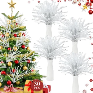 30 Pcs 16.5" White Christmas Tree Curly Picks Sprays Artificial Glitter Stems Gl - Picture 1 of 7