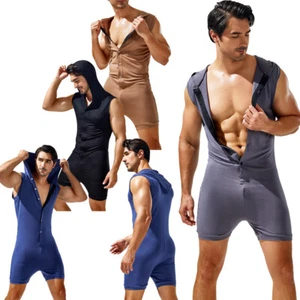 Para hombres Sexy Botón Una Pieza Pijama Deportivo Mono Con Capucha Salón Chaleco Body - Imagen 1 de 32