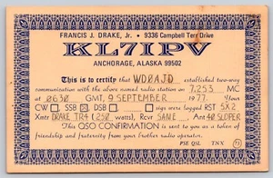 QSL Ham Radio Card KL7IPV Francis J Drake Jr Anchorage Alaska - Picture 1 of 2