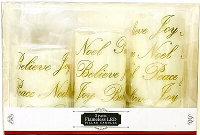 3 Pack Flameless LED Believe Noel Joy Peace White With Gold Pillar Candles  - Image 1 of 2