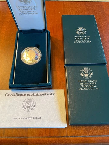 1990 US Mint Eisenhower Proof Silver dollar in box with COA Cover