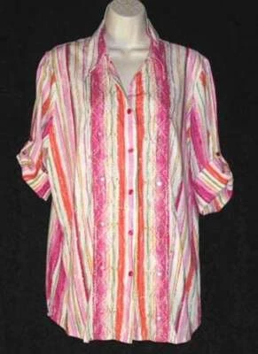 Camisa NAPA VALLEY tamanho G top listras manga aba rolo lantejoulas bordado nova sem etiquetas - Imagem 1 de 4