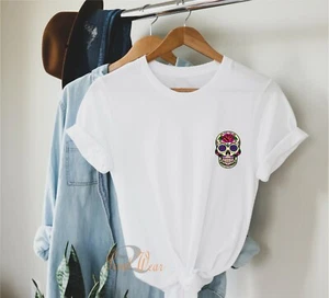 Mexican sugar skull - ladies t shirt cute hipster crew neck top black white grey - Picture 1 of 15