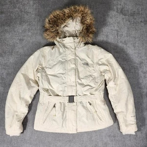 The North Face Small Womens Beige Jacket Faux Fur Lined Hood Hyvent Buckle Belt - Picture 1 of 21
