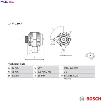 ALTERNATOR 0 986 080 800 FOR RENAULT WIND CLIO/III/Sportour/Grandtour/EURO 1.6L - Image 1 of 4