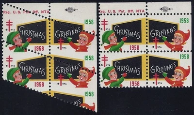 WX193 - 1958 Misperf Error / EFO Top Margin Block "Christmas Seal" Mint NH "Read - Image 1 of 2