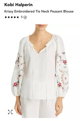 Kobi Halperin Krissy Embroidered Tie Neck Peasant Blouse White LARGE - Image 1 of 4