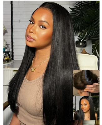 Yaki Straight Glueless Drawstring Wig Human Hair Pre Cut 7x5 HD Lace Front 24in - Image 1 of 4