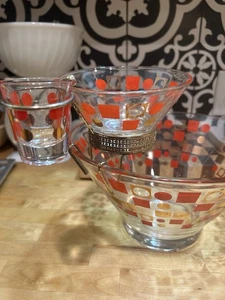 Vintage MCM Anchor Hocking 3 Ebenen Chip Dip Bowl Set Geometrisch Rot Gold Selten - Bild 1 von 11