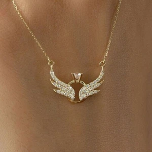 1.50Ct Round Cut Lab Created Diamond Angel Wings Pendant 14K Yellow Gold Plated - Picture 1 of 7