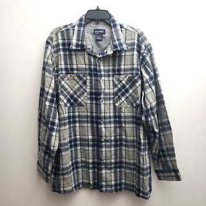 JOHN BLAIR Mens Flannel Button Shirt XL Blue Gray Plaid Long Sleeves Pockets