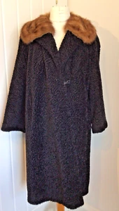 True Vintage 50s/60s Black Boucle Wool Coat With Added Mink Collar Sz 16 - Picture 1 of 11