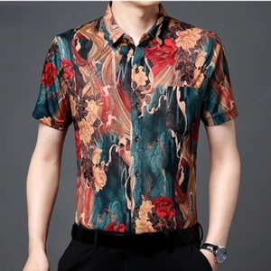 Men Retro Blouse Tops Floral Shirts Printed Flower Short Sleeve Casual Summer - Picture 1 of 7