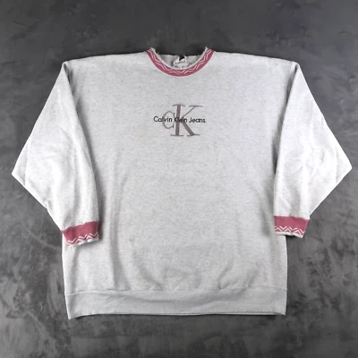 复古 90 年代 Calvin Klein 牛仔运动衫 2XL 成人灰色粉红色标志圆领 — 第 1/4 张图片