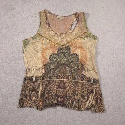 Camisa OneWorld Mujer Mediana Beige Marrón Boho Encaje Tanque Cuentas Paisley Top Foto 1 de 4