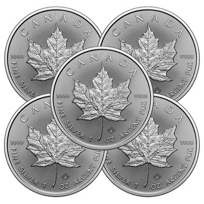 Lote de 5 - 2026 $5 hoja de arce canadiense de plata 1 oz BU Foto 1 de 3