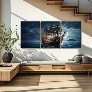 3pcs Pirate Ship On The Sea At Night Wall Art Canvas Framed 50x70cm - Bild 1 von 3