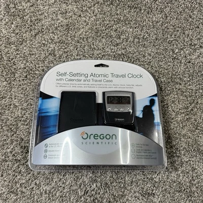 Oregon Scientific Self Setting Atomic Travel Alarm Clock Calendar and Case ~ New - Image 1 of 2