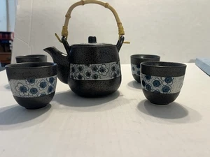 Ebros Japanese Design Cherry Petals Charcoal Grey Ceramic Tea Pot & Four Cups - Picture 1 of 7