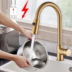Gold Niederdruck Küchenarmatur Ausziehbar Wasserhahn Einhand Spültischarmatur - Picture 1 of 12