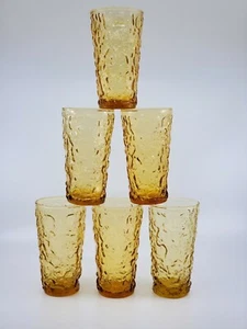6 Anchor Hocking MILANO Lido Crinkle Honey Gold Amber Set 10 oz. Flat TUMBLERS - Picture 1 of 6