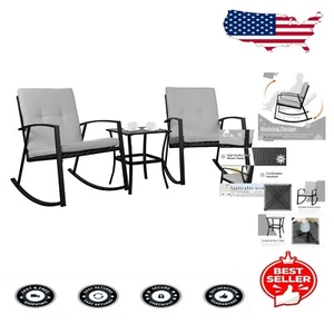 Weather-Resistant 3-Piece Patio Rocking Set with Cushions & Glass Top Table - Picture 1 of 9
