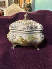 Antique Ceramic Hand Painted Footed Box with Brass Accents Bird Foliage Lid