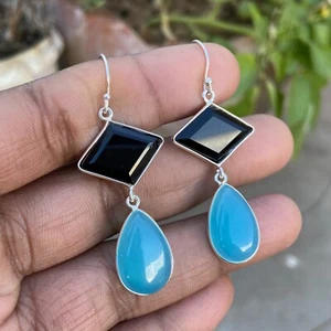 Beautiful Design Black Onyx Blue Chalcedony 925 Sterling Silver Earring - Picture 1 of 6