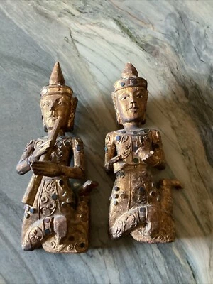 Antique Burmese PAIR Carved & Gilt Wood BUDDHIST Temple Guardian Figure 10” Tall - Image 1 of 4
