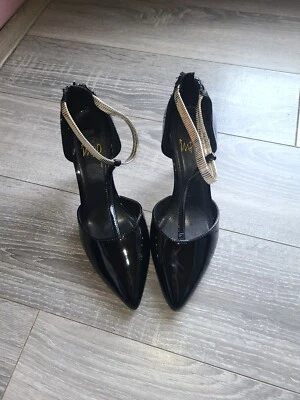  Impo Tamera Black Faux Patent Leather Black With Gold Ankle Strap Sz 7.5M  - Image 1 of 4