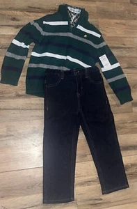 Boy’s Izod 3 Piece Sweater Set Green Blue White Plaid Stripes Jeans Size 3T - Picture 1 of 5