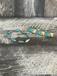 Vintage Monet Turquoise Bracelets- Stone Sleek Stretch Silver - Picture 1 of 7