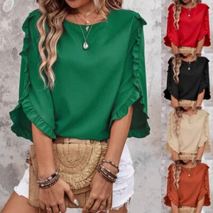 Women's Tops Summer Ruffles 3/4 Sleeves Blouse Casual Tee Shirts Plus Size 6-20 - Picture 1 of 19
