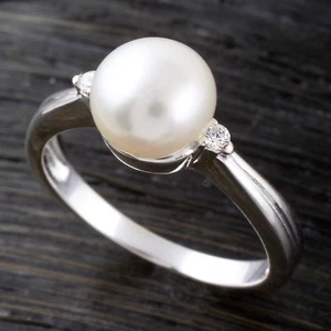 925 Sterling Silver Simple Freshwater Pearl 0.02 Carat CZ Ring Size 5-9 - Picture 1 of 5