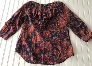 Lauren Ralph Lauren Bauernbluse Gr. M marine weinrot Paisley Rüschen Boho - Bild 1 von 10
