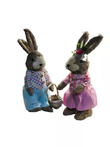 Easter Table Top Decor 2 Pc Couple Easter Bunnies Grass Decor Straw Rabbits 12”- - Picture 1 of 6