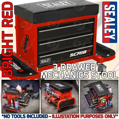SEALEY Mechanics Stool Tool Box Utility Seat Creeper Storage Drawers Trolley Red - Image 1 of 4