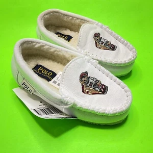 New POLO RALPH LAUREN Bear Logo Slippers Loafers Child’s Size 8 White - Picture 1 of 15