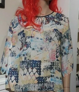 GREAT PLAINS LADIES FLOATY SEMI-SHEER TUNIC TOP MULTI ABSTRACT SLIT SLEEVE SZ S - Picture 1 of 4